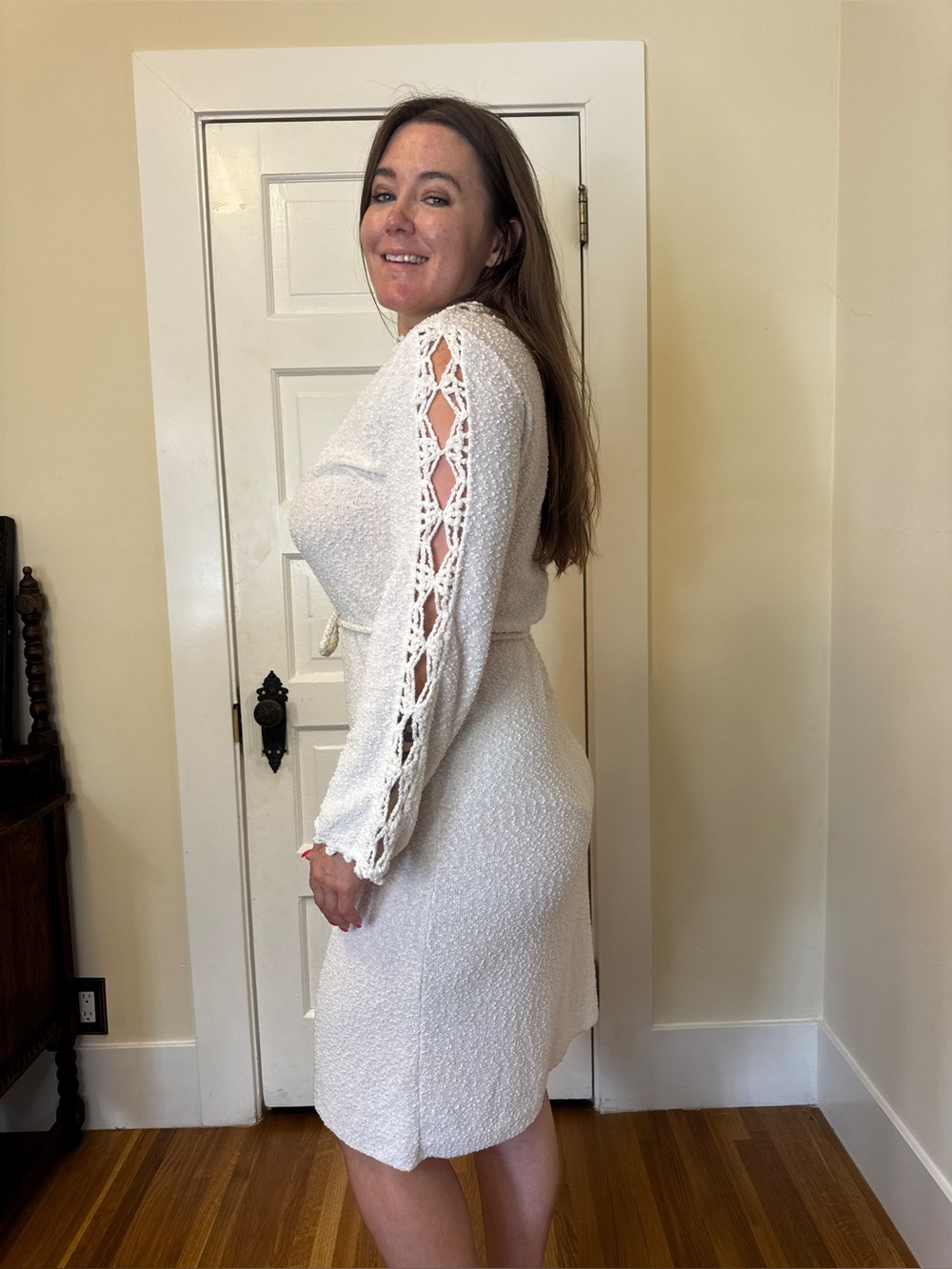 60s Vintage Katrina Knits White Bouclé Crochet Knit Dress Sz Lrg - Picture 2 of 10